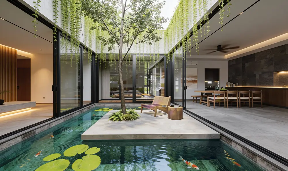 Landscape gardens with shallow water pathways